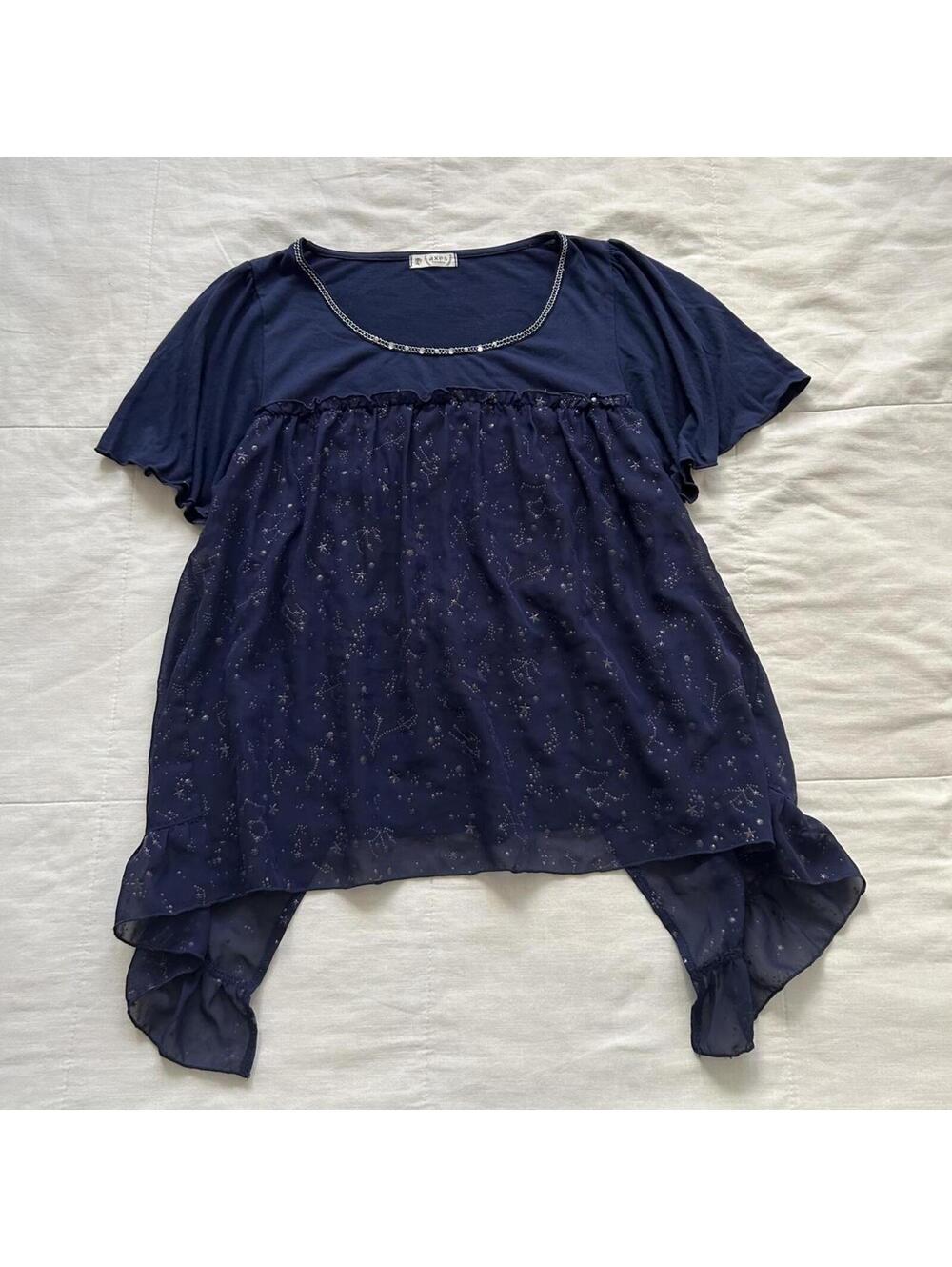 Axes Femme Navy Blue Constellation Print Ruffle Overlay Blouse Medium